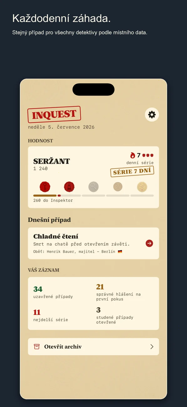 Inquest — Daily Detective Game — Jeden případ. Jednoho dne. Vyřešte to.
