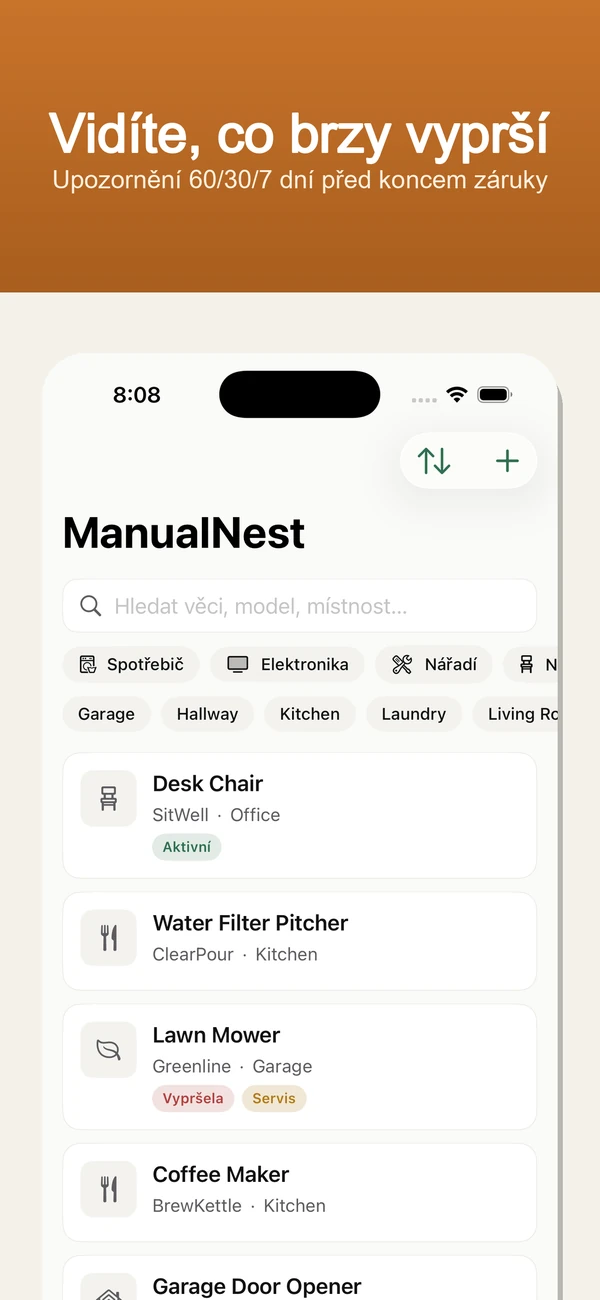 ManualNest Home Manual Vault — Připomínky záruky, manuály, účtenky a opravy — soukromě a offline.