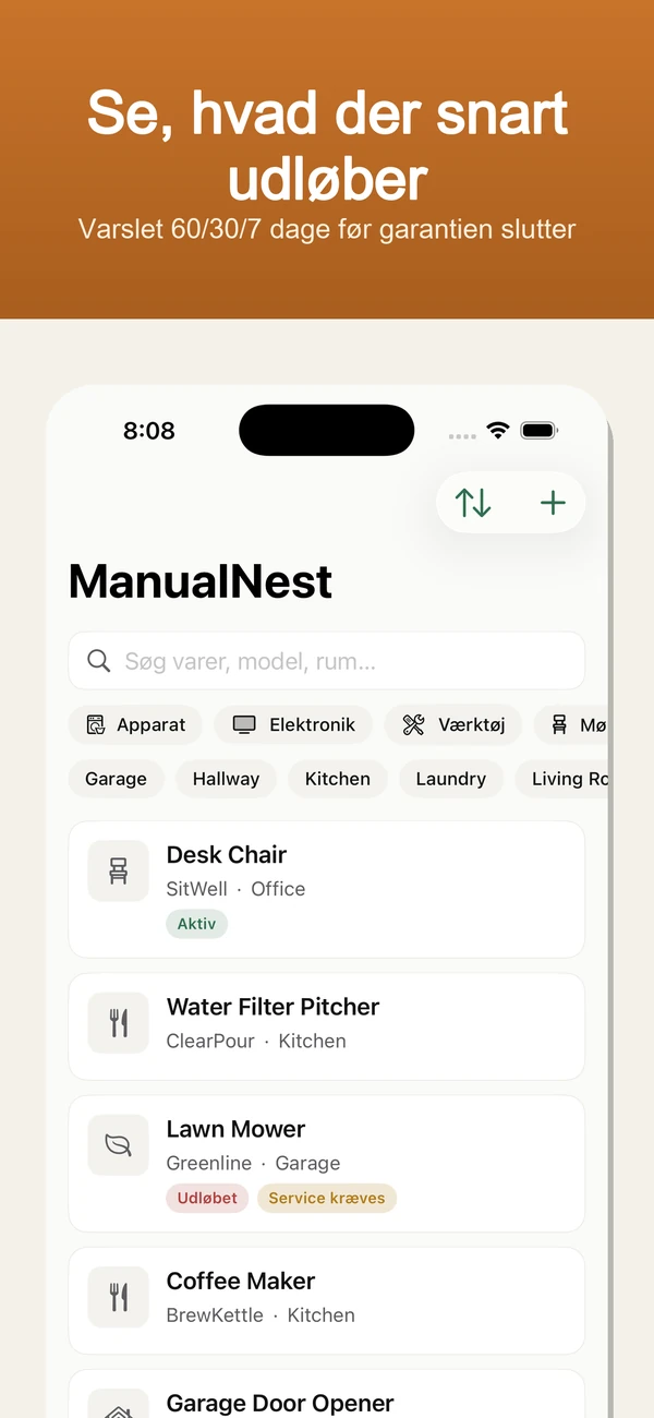 ManualNest Home Manual Vault — Garantipåmindelser, manualer, kvitteringer og reparationer — privat, offline.