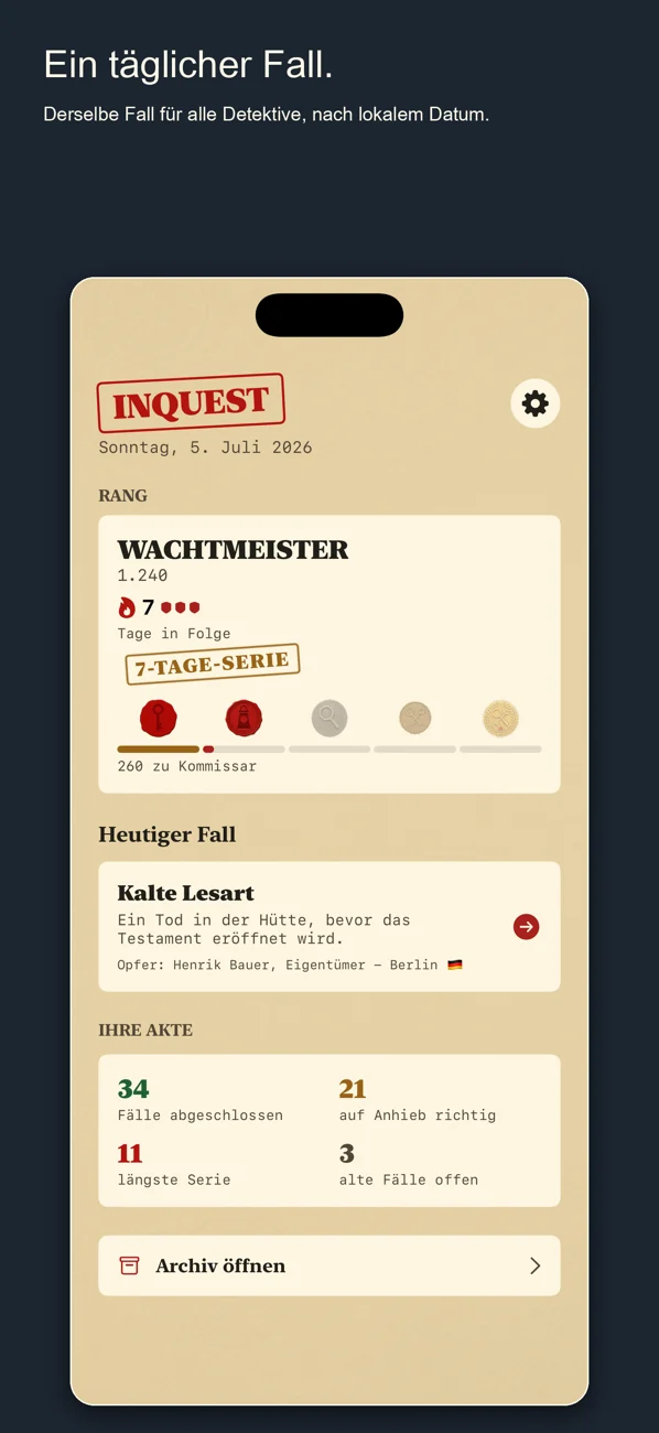Inquest — Daily Detective Game — Ein Fall. Ein Tag. Löse ihn.