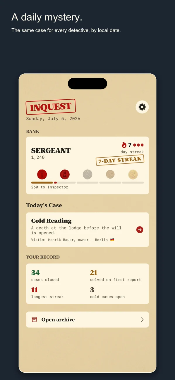 Inquest — Daily Detective Game — One case. One day. Solve it.