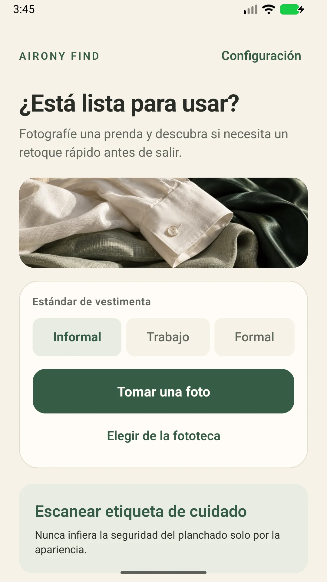 AIRONY Find — Revisa las arrugas antes de vestirte y lee las etiquetas de cuidado