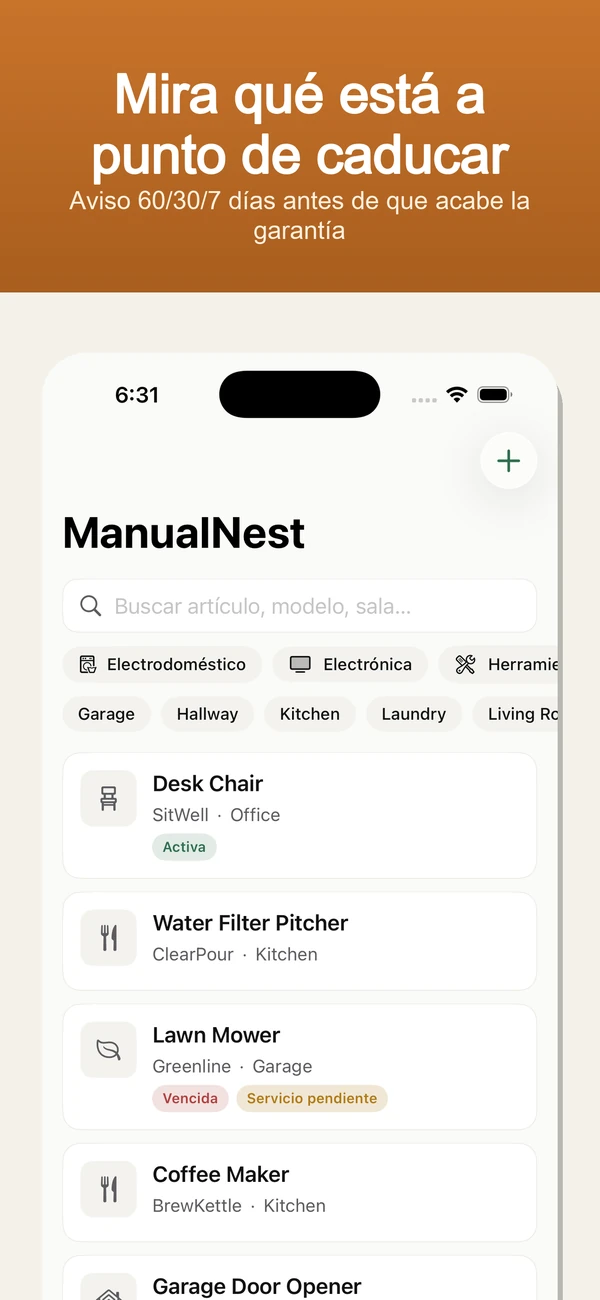 ManualNest Home Manual Vault — Avisos de garantía, manuales, recibos y reparaciones — privado y sin conexión.
