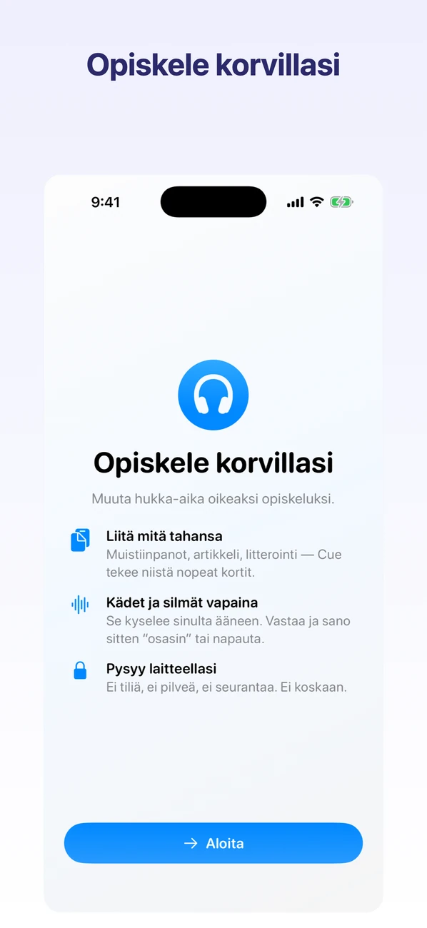 Cue: Hands-Free Flashcards — Opiskele korvillasi