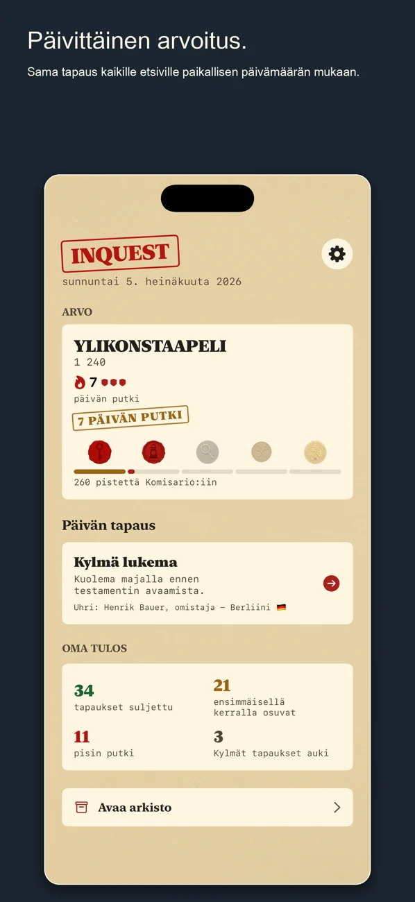 Inquest — Daily Detective Game — Yksi tapaus. Yksi päivä. Ratkaise se.