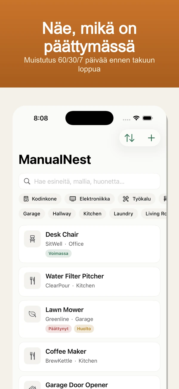 ManualNest Home Manual Vault — Takuumuistutukset, käyttöohjeet, kuitit ja korjaukset — yksityinen, offline.