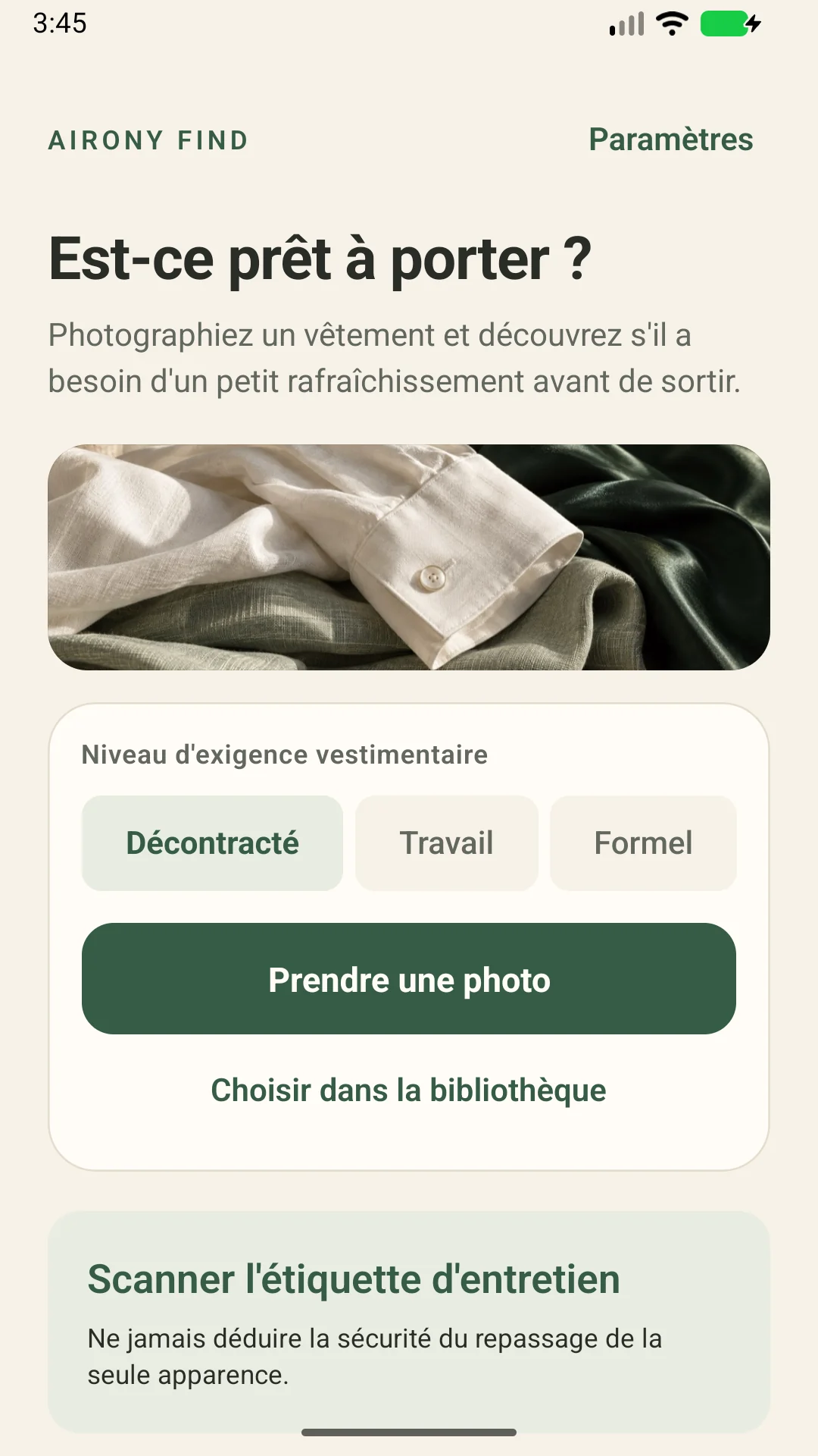 AIRONY Find — Vérifiez les plis avant de vous habiller et lisez les étiquettes d’entretien