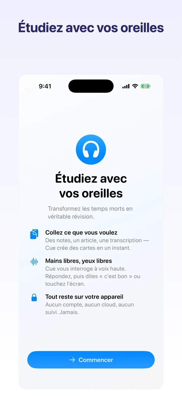 Cue: Hands-Free Flashcards — Étudiez avec vos oreilles