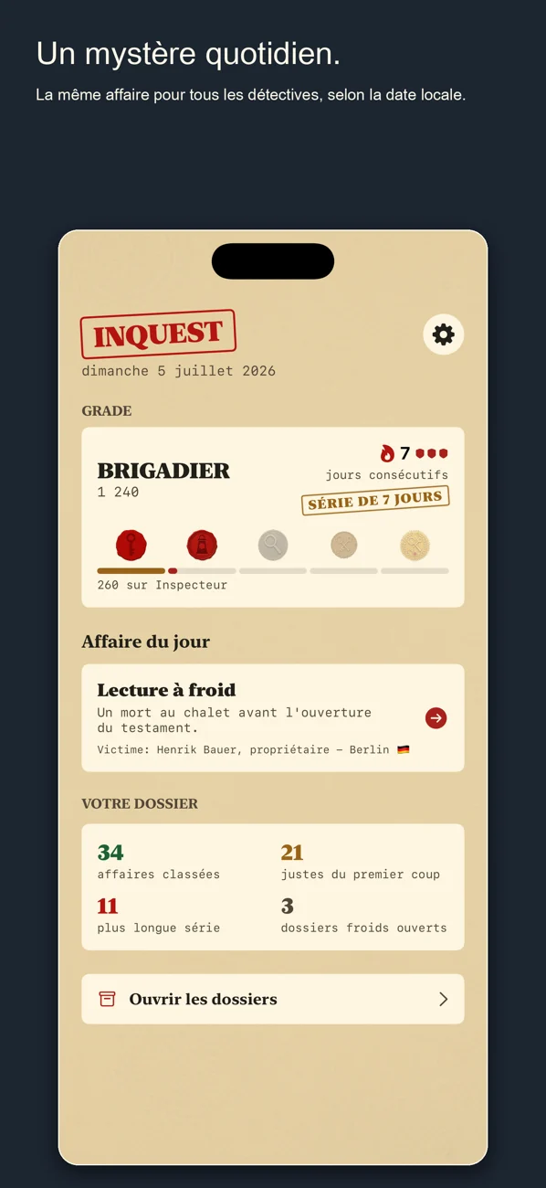 Inquest — Daily Detective Game — Un cas. Un jour. Résolvez-le.