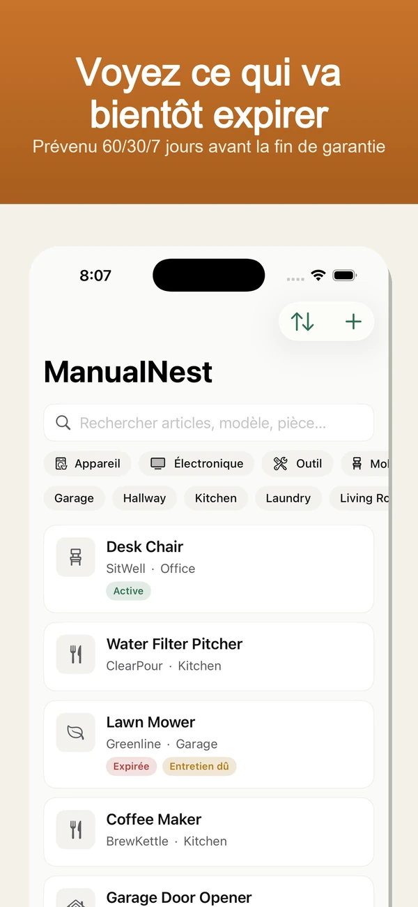 ManualNest Home Manual Vault — Rappels de garantie, notices, reçus et réparations — privé, hors connexion.