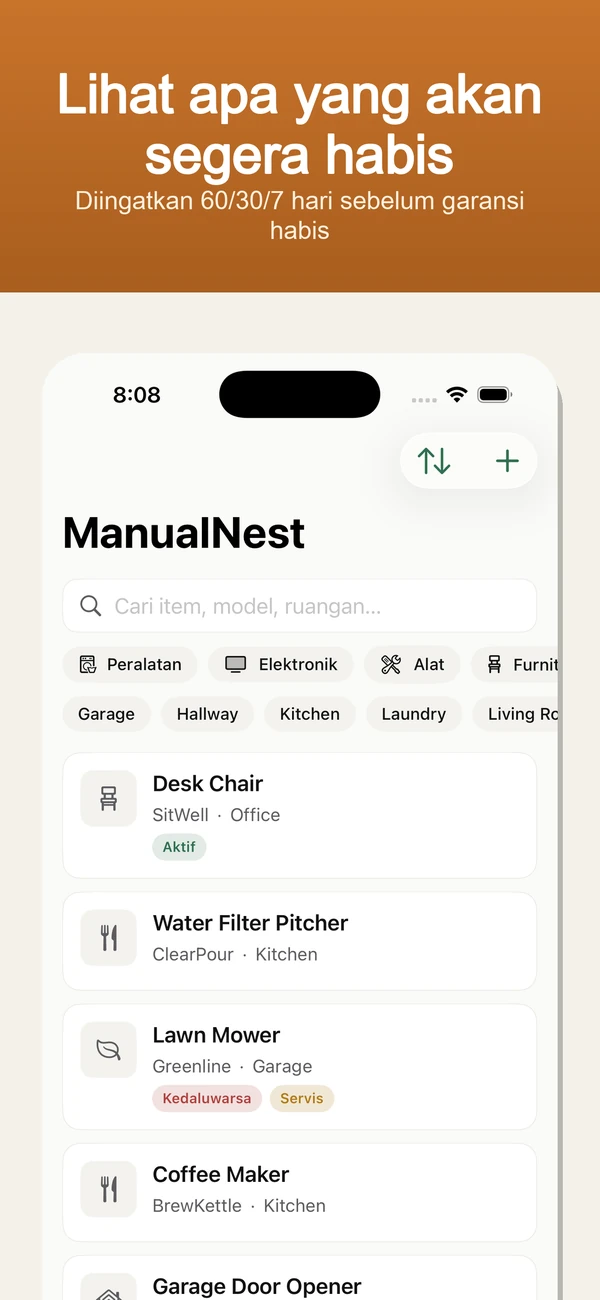 ManualNest Home Manual Vault — Pengingat garansi, manual, struk & catatan perbaikan — privat, offline.