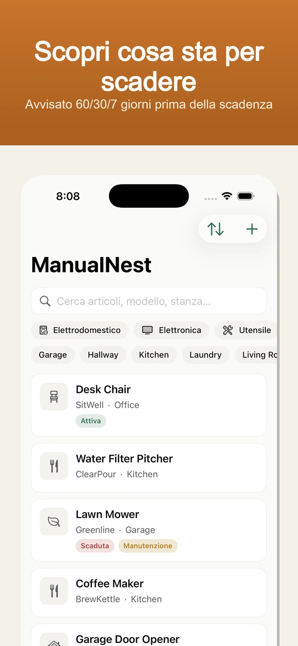 ManualNest Home Manual Vault — Promemoria garanzia, manuali, scontrini e riparazioni — privato, offline.