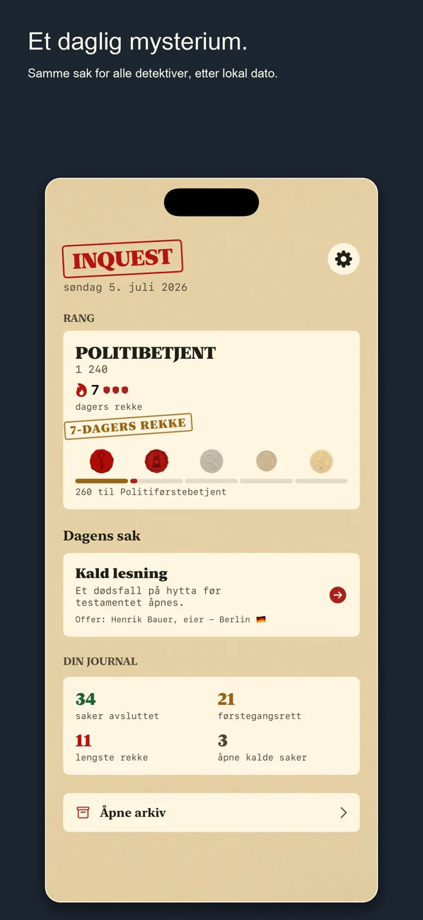 Inquest — Daily Detective Game — Ett tilfelle. En dag. Løs det.