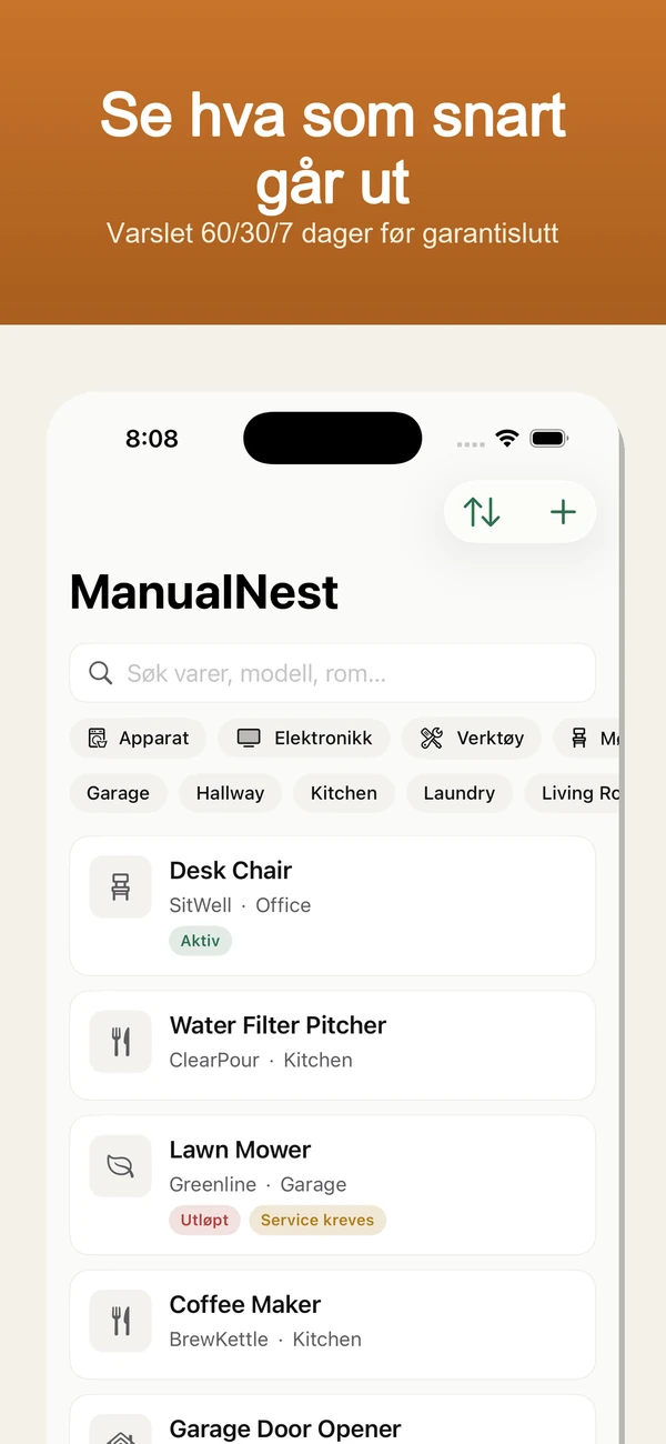 ManualNest Home Manual Vault — Garantipåminnelser, bruksanvisninger, kvitteringer og reparasjoner — privat.