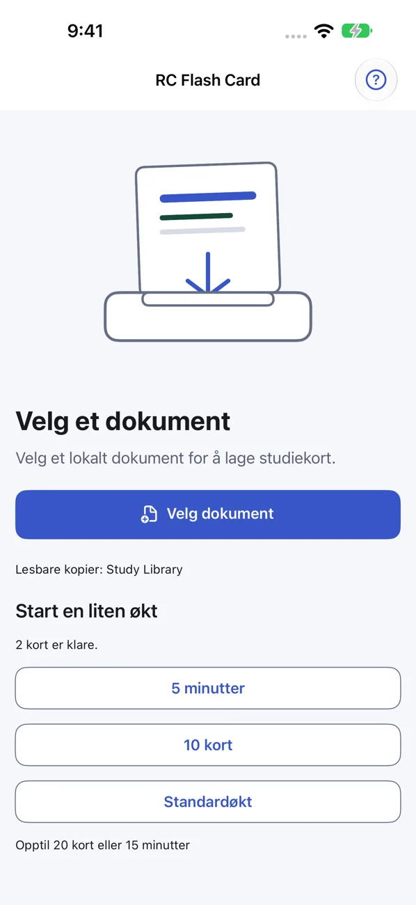 RC Flash Card: Study Helper — Lag flashcards fra dine filer