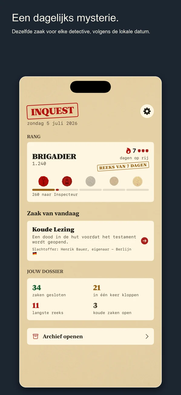 Inquest — Daily Detective Game — Eén geval. Op een dag. Los het op.