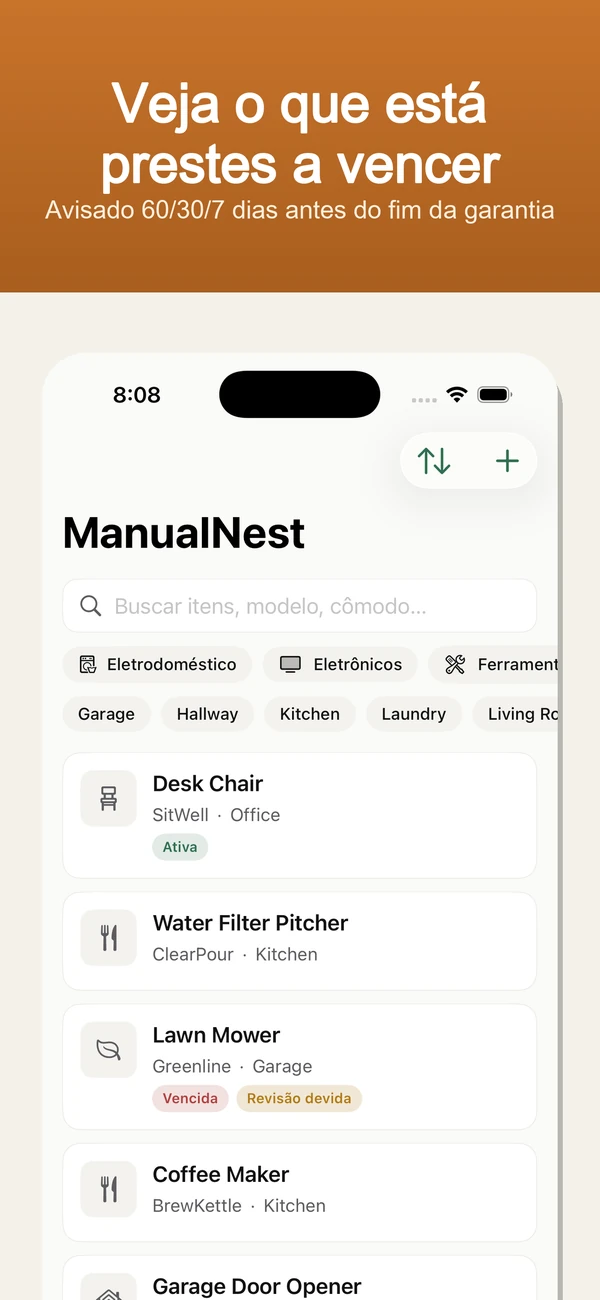 ManualNest Home Manual Vault — Avisos de garantia, manuais, recibos e consertos — privado e sem conexão.
