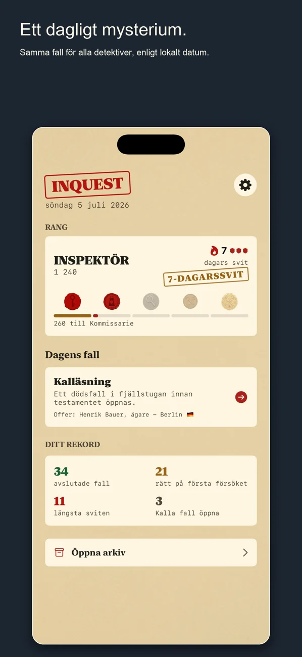 Inquest — Daily Detective Game — Ett fall. En dag. Lös det.