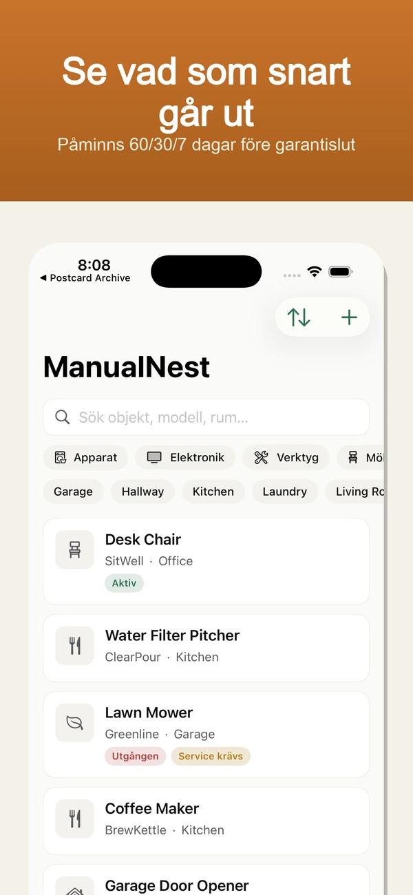ManualNest Home Manual Vault — Garantipåminnelser, manualer, kvitton och reparationer — privat, offline.