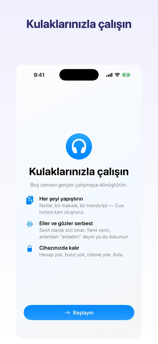 Cue: Hands-Free Flashcards — Kulaklarınızla çalışın