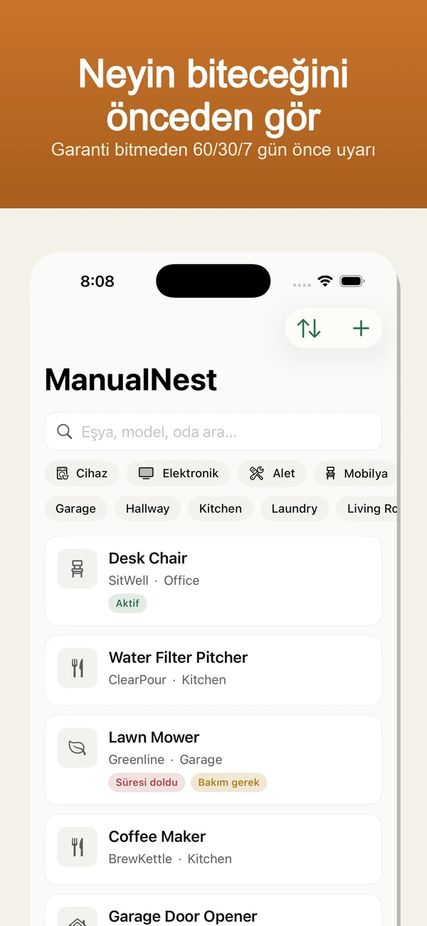 ManualNest Home Manual Vault — Garanti hatırlatmaları, kılavuzlar, fişler, tamir kayıtları — özel, çevrimdışı.