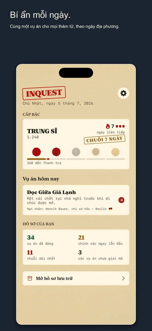 Inquest — Daily Detective Game — Một trường hợp. Một ngày nọ. Giải quyết nó.