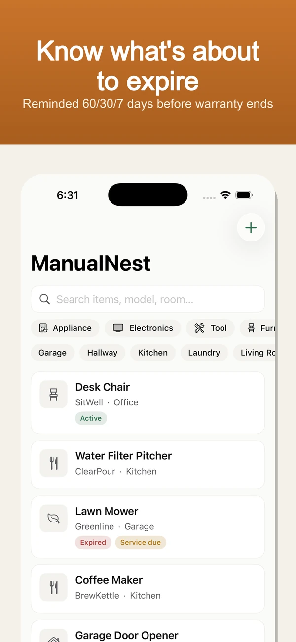 ManualNest Home Manual Vault — Warranty reminders, manuals, receipts & repair records — private, offline vault.